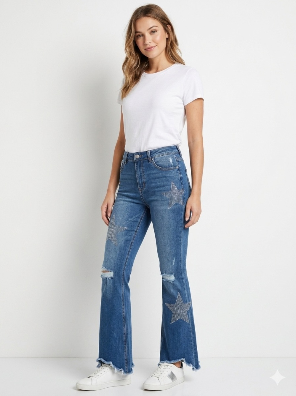 Gemma Rae High-Rise Blue Glitter Star-Print Flare Jeans fringe hem